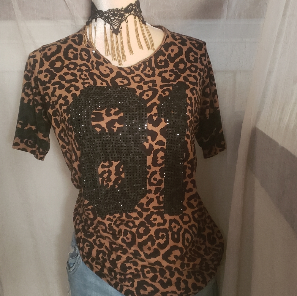 Guess Leopard Print "81" Stamped Tunic short sleeve  XSmall Preloved Viintage - Picture 12 of 16
